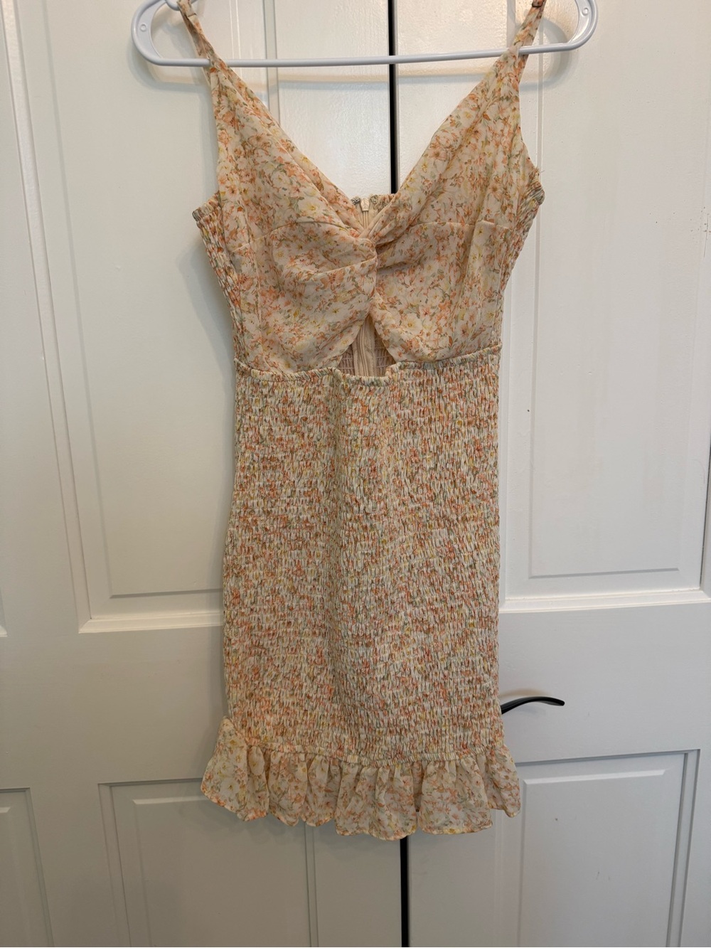 Peach Floral Twist-Front Smocked Mini Dress